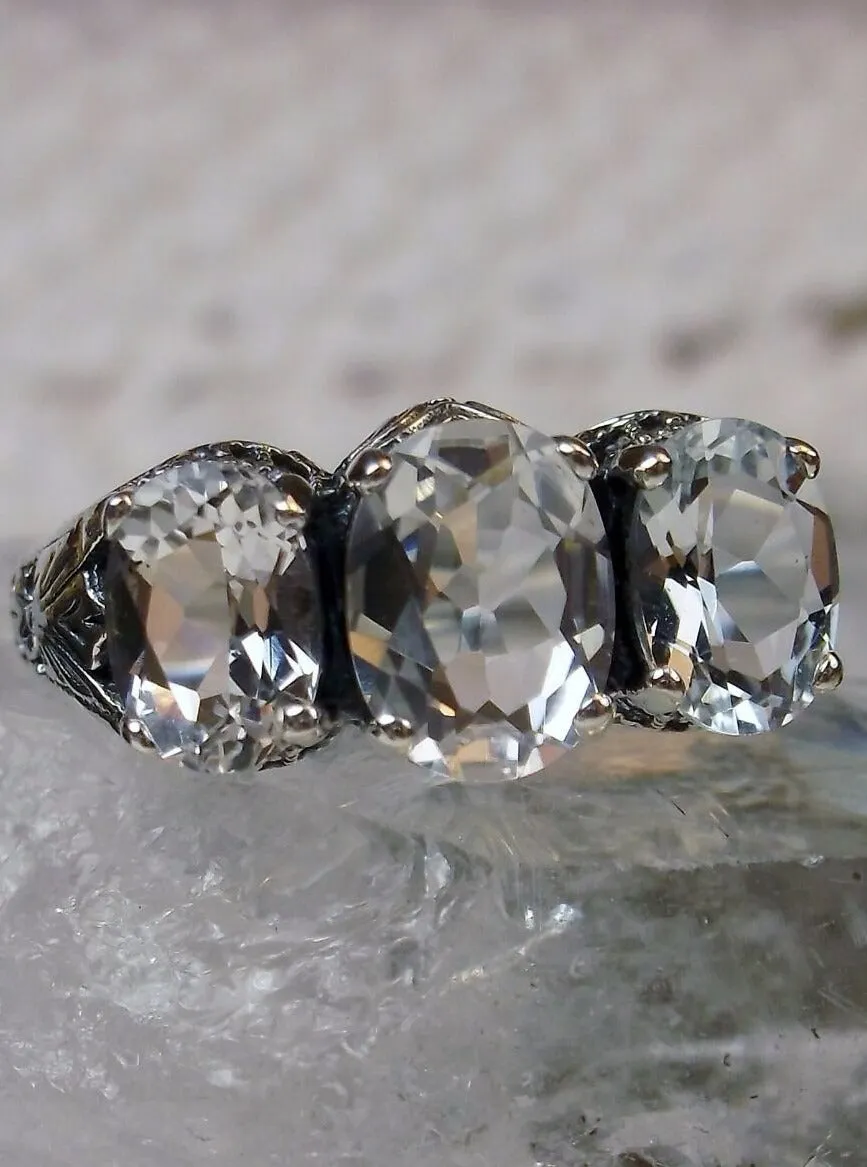 Natural White Topaz Ring, 3-Gem | Vintage Style Jewelry #D41