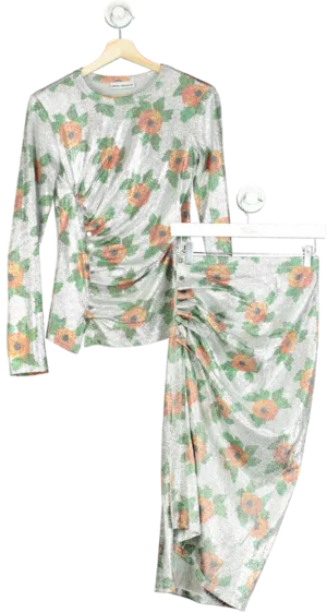 Paco Rabanne Silver Floral Ruched Top and Skirt Set UK 6