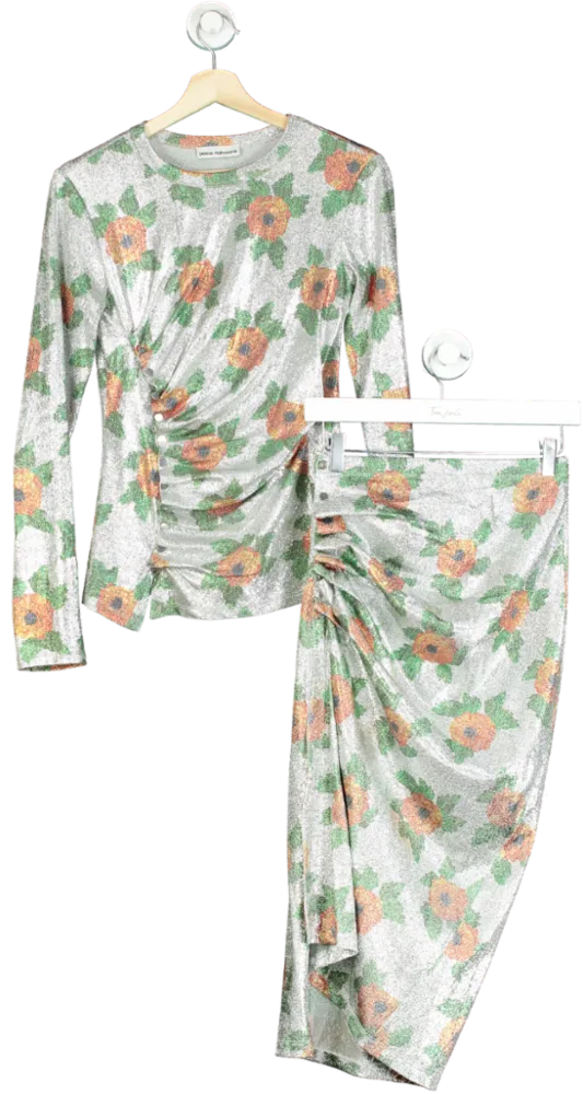 Paco Rabanne Silver Floral Ruched Top and Skirt Set UK 6