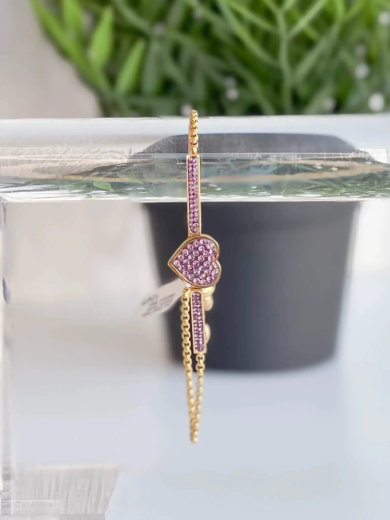 Pave Heart Cubic Zirconia Purple Stainless Steel Slider Bracelet