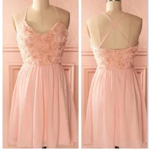 peach pink spaghetti strap freshman homecoming dress,BD0074