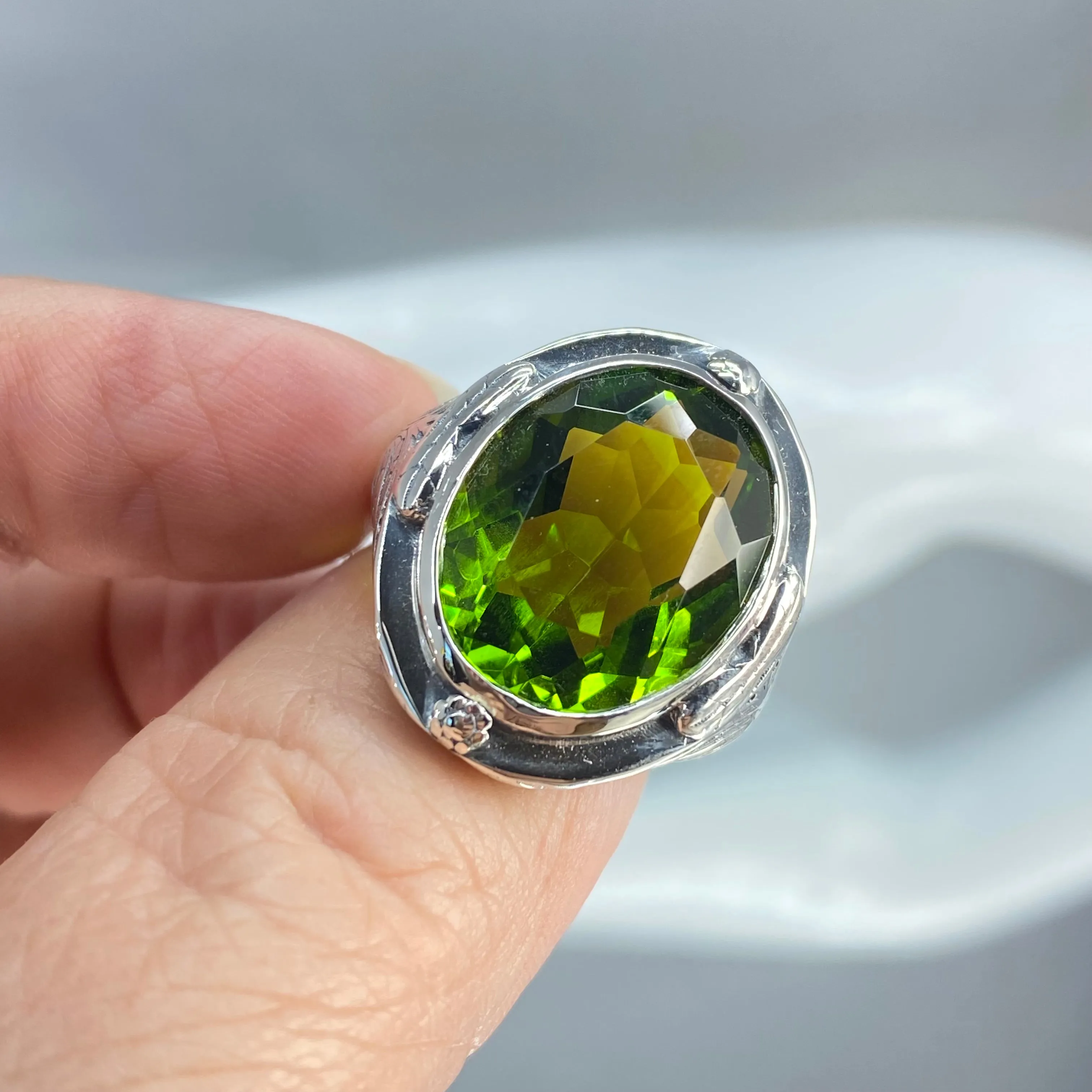 Peridot Ring, Large Oval Ring, Victorian Jewelry Design#D2