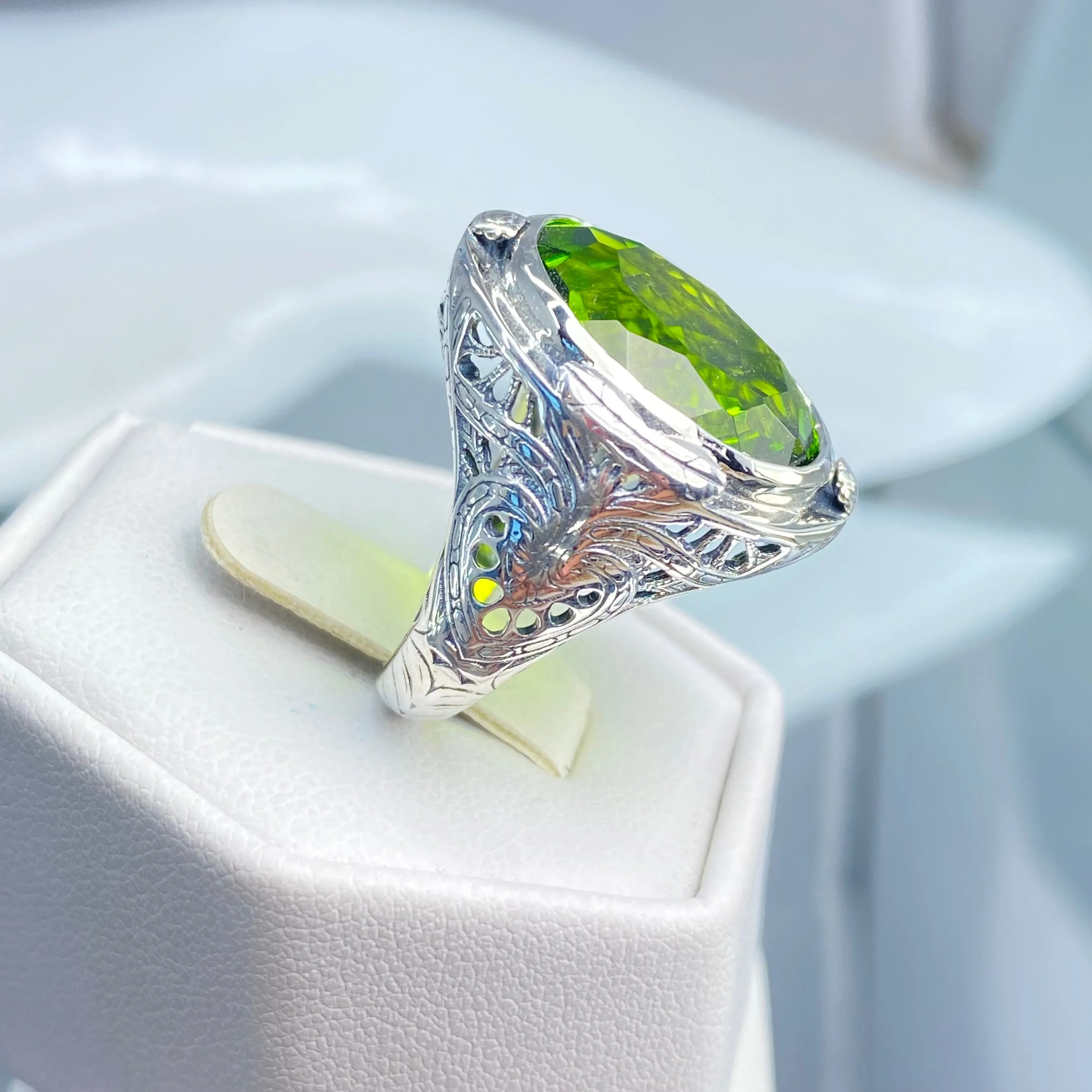 Peridot Ring, Large Oval Ring, Victorian Jewelry Design#D2