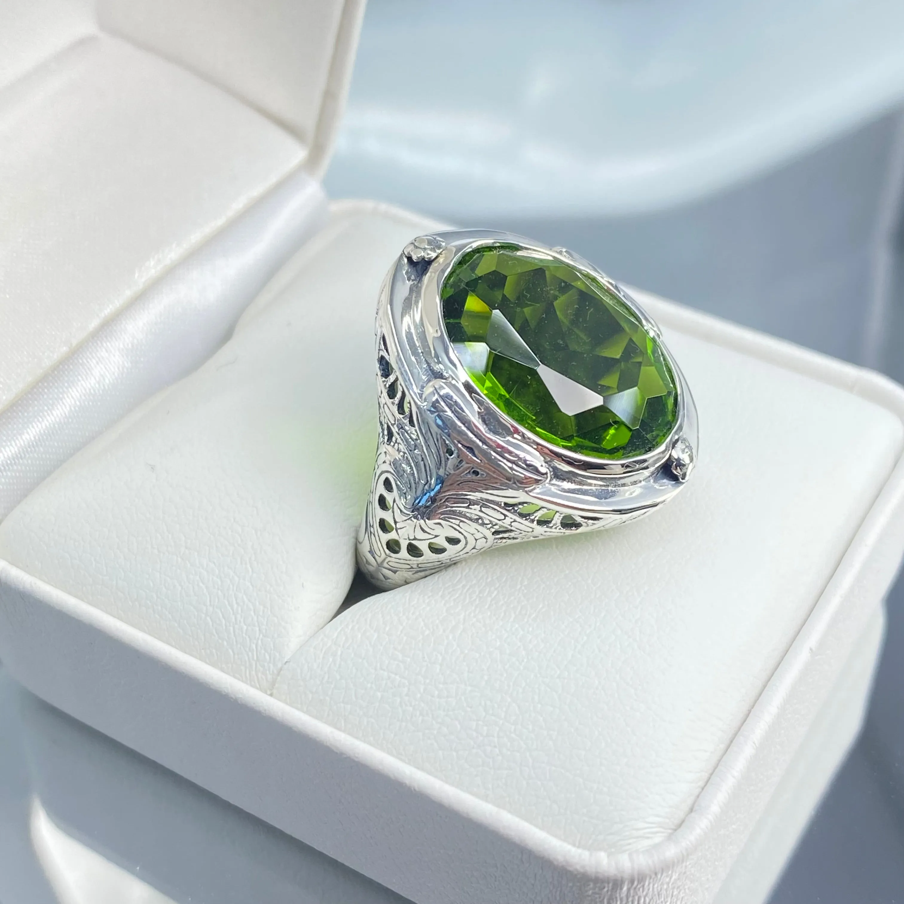 Peridot Ring, Large Oval Ring, Victorian Jewelry Design#D2