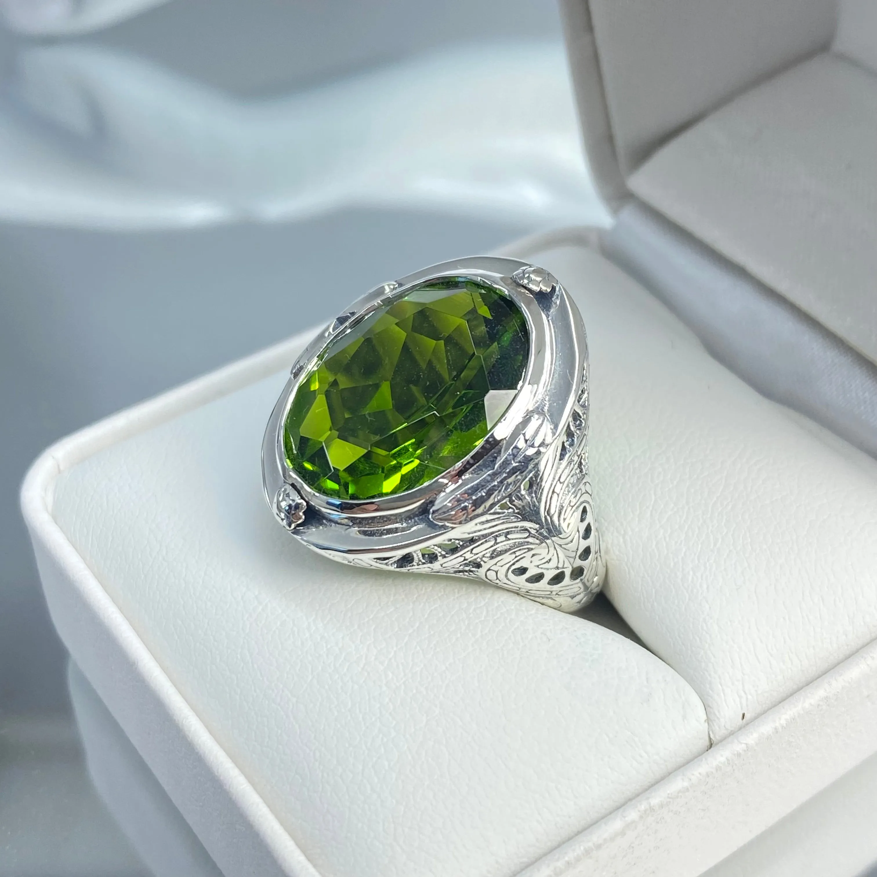 Peridot Ring, Large Oval Ring, Victorian Jewelry Design#D2