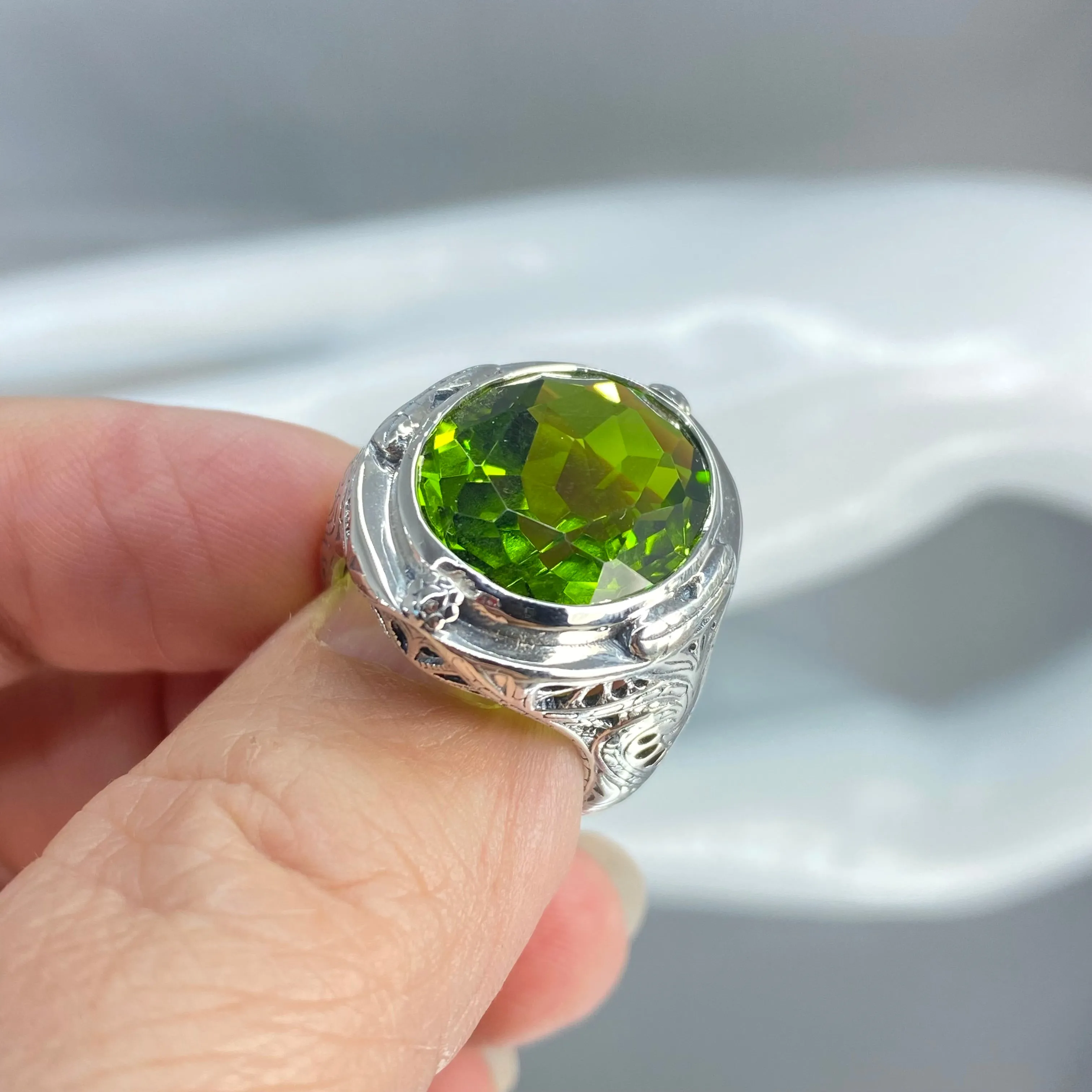 Peridot Ring, Large Oval Ring, Victorian Jewelry Design#D2