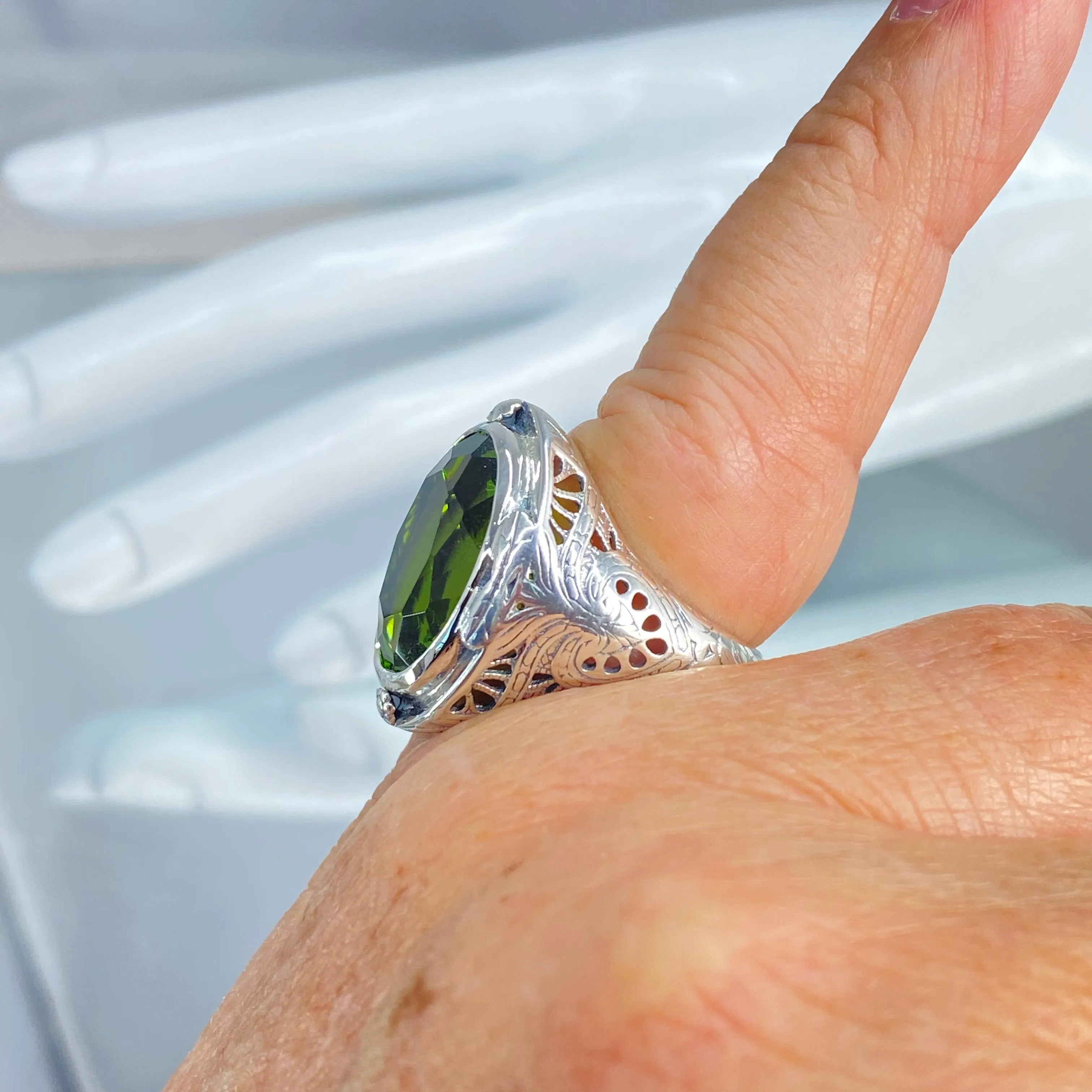 Peridot Ring, Large Oval Ring, Victorian Jewelry Design#D2
