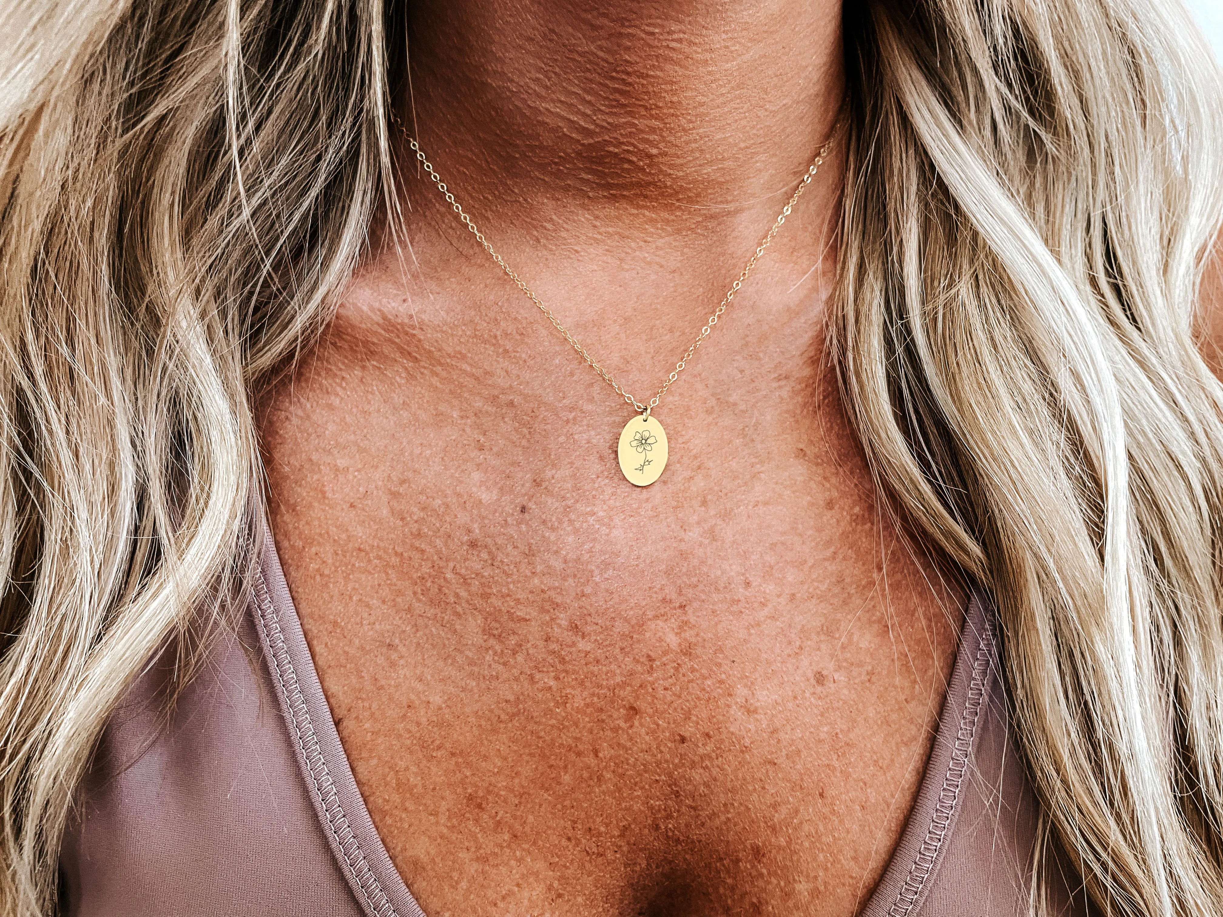 Personalized Oval Birth Flower Necklace