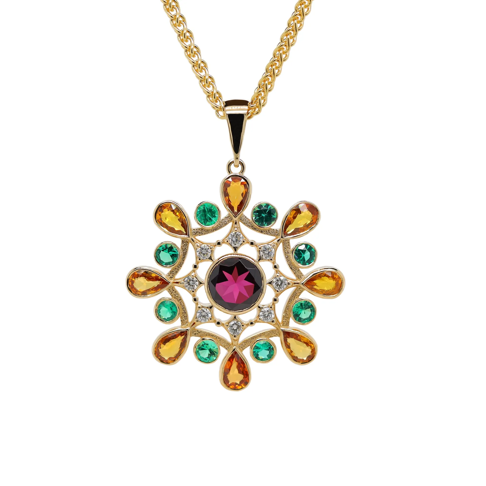"Bouquet D'Ete" Pendant with Diamonds, Sapphires, Emeralds and Garnet