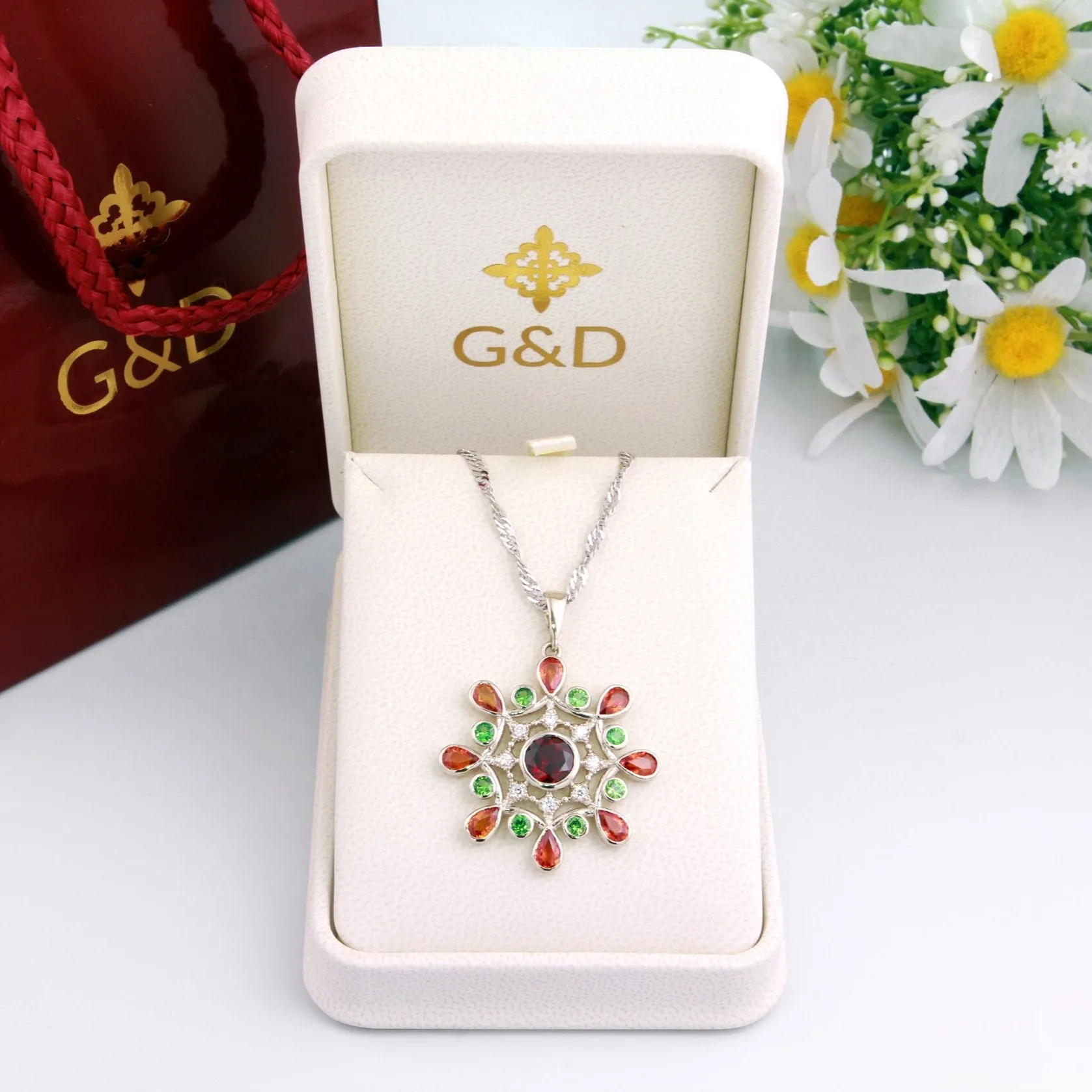 "Bouquet D'Ete" Pendant with Diamonds, Sapphires, Emeralds and Garnet