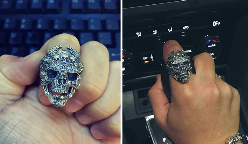 Real 925 Sterling Silver Skull Adjustable Ring for Men