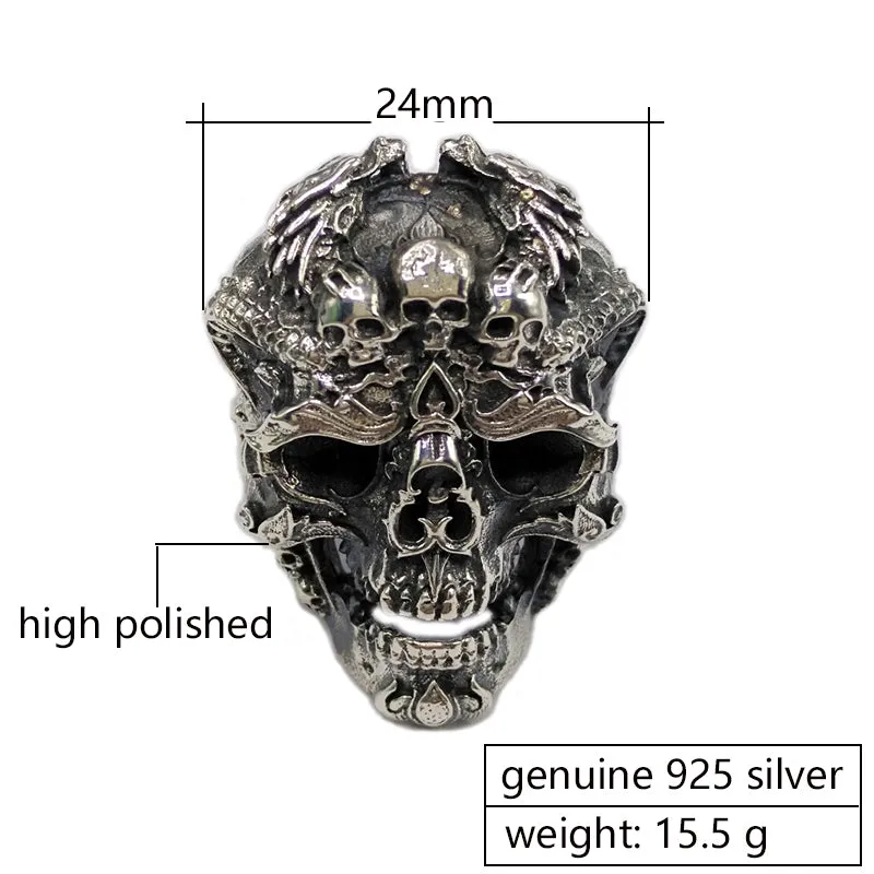 Real 925 Sterling Silver Skull Adjustable Ring for Men