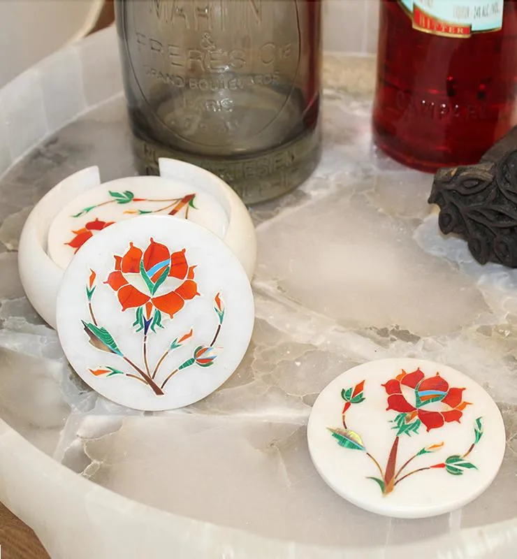 Red Floral Coaster Set