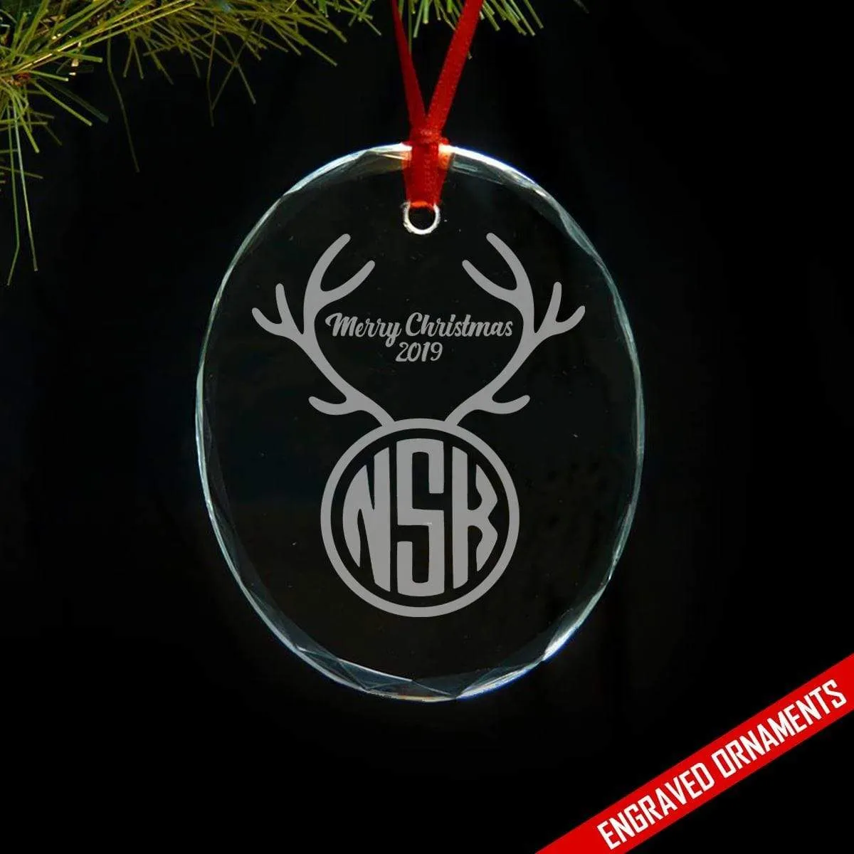 Reindeer CUSTOM Monogram Engraved Glass Ornament
