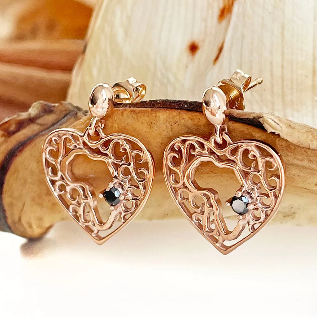 Rose Gold Filigree Heart Africa Earrings with Solitaire Black Diamond Detail