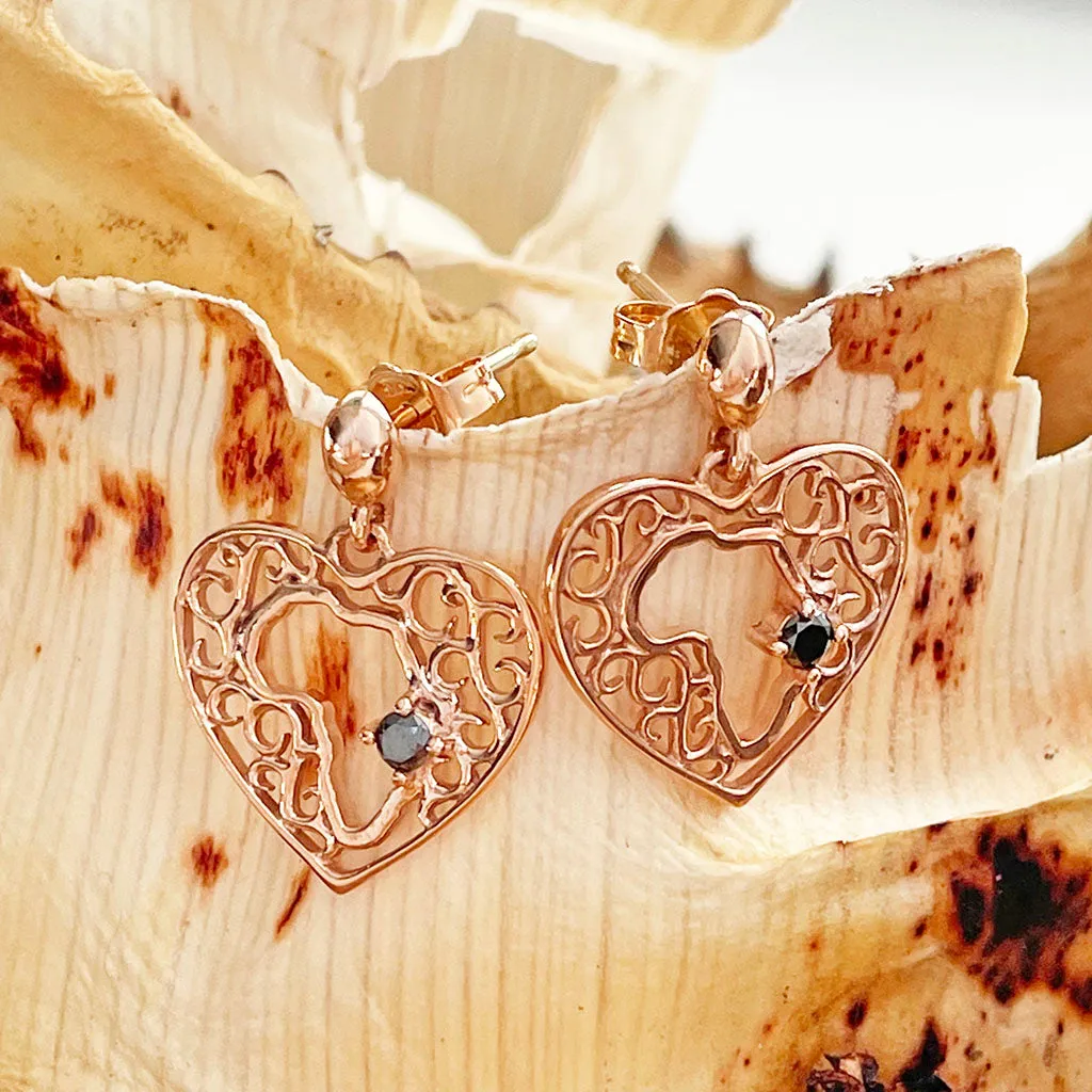 Rose Gold Filigree Heart Africa Earrings with Solitaire Black Diamond Detail