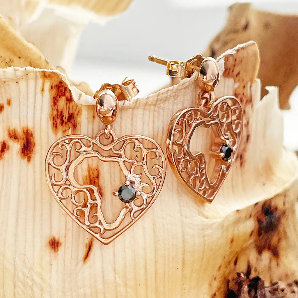 Rose Gold Filigree Heart Africa Earrings with Solitaire Black Diamond Detail