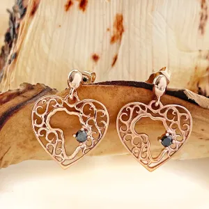 Rose Gold Filigree Heart Africa Earrings with Solitaire Black Diamond Detail