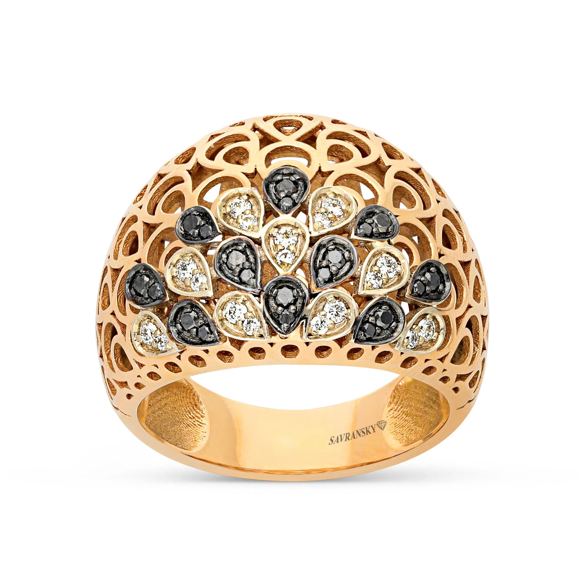 Rose Gold White and Black Diamond Peacock Statement Ring