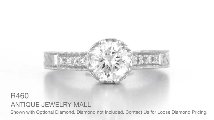 Royal Crown 3/4 Carat Antique Style Engraved Engagement Ring Setting in White Gold - 6mm