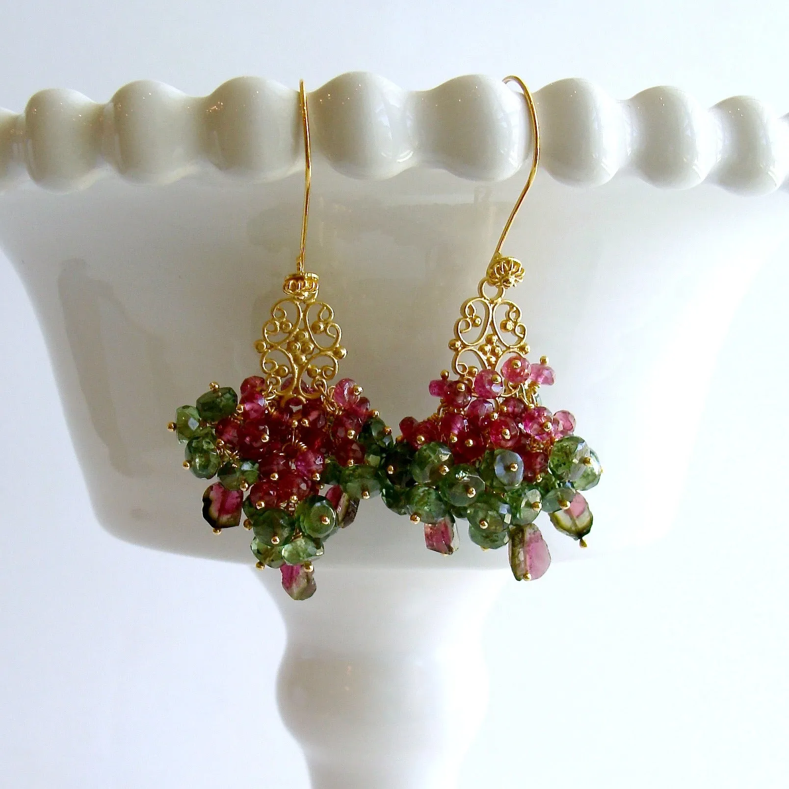 Rubellite Green Apatite Watermelon Tourmaline Cluster Earrings - Caprice Earrings