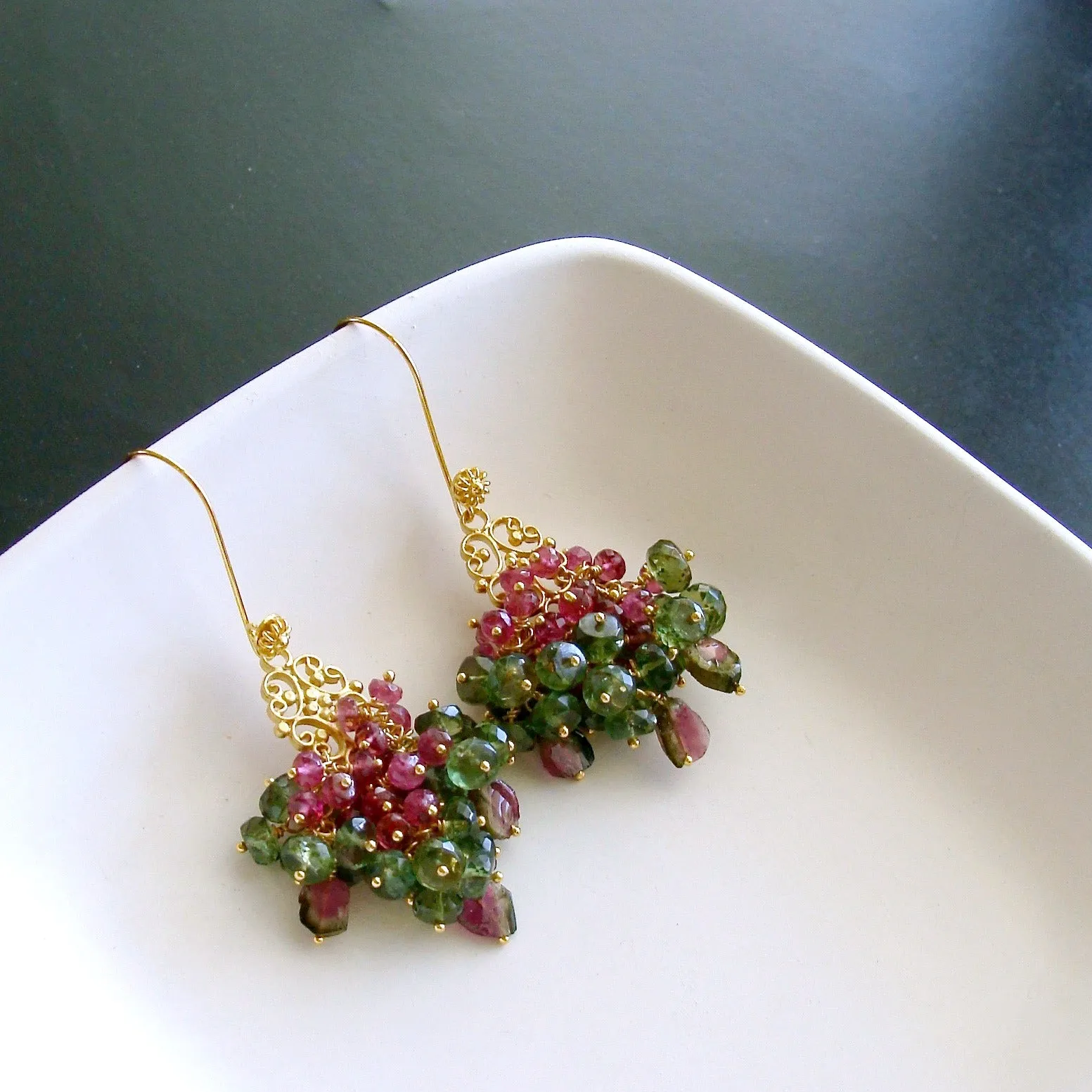 Rubellite Green Apatite Watermelon Tourmaline Cluster Earrings - Caprice Earrings