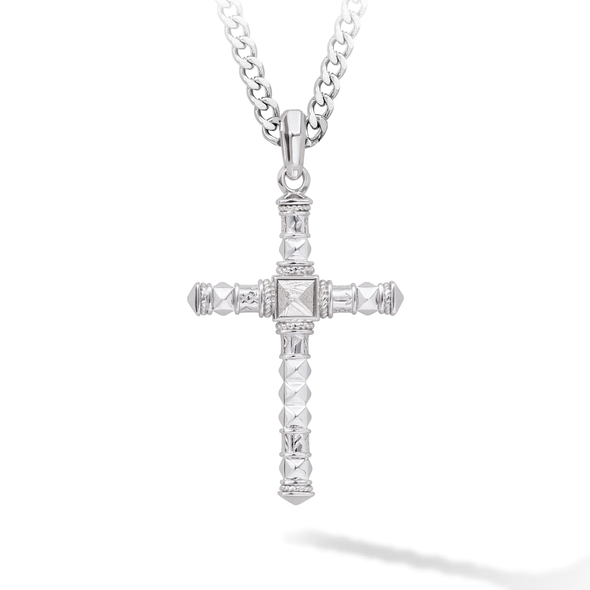 Runes-Engraved Meteorite Cross Necklace