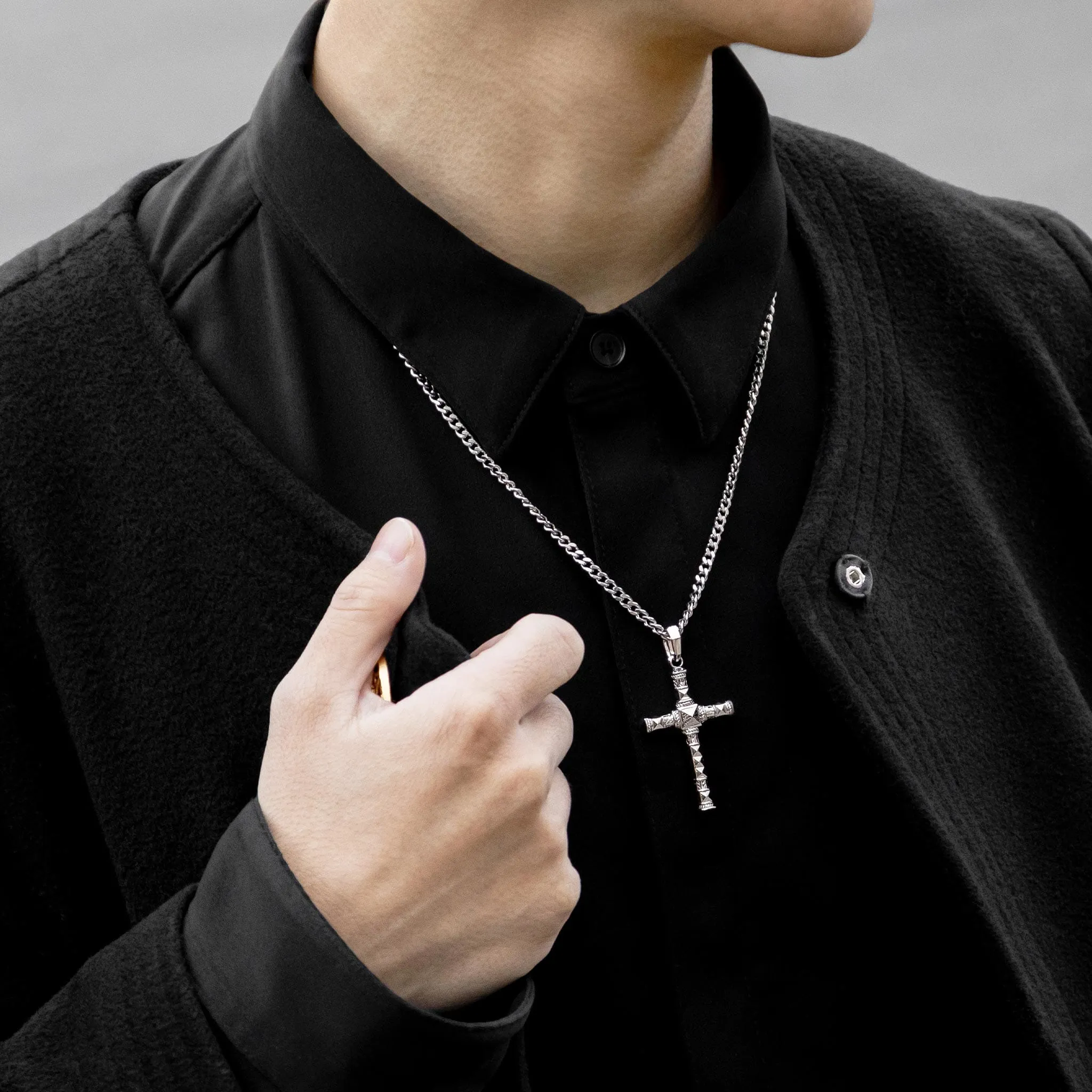 Runes-Engraved Meteorite Cross Necklace