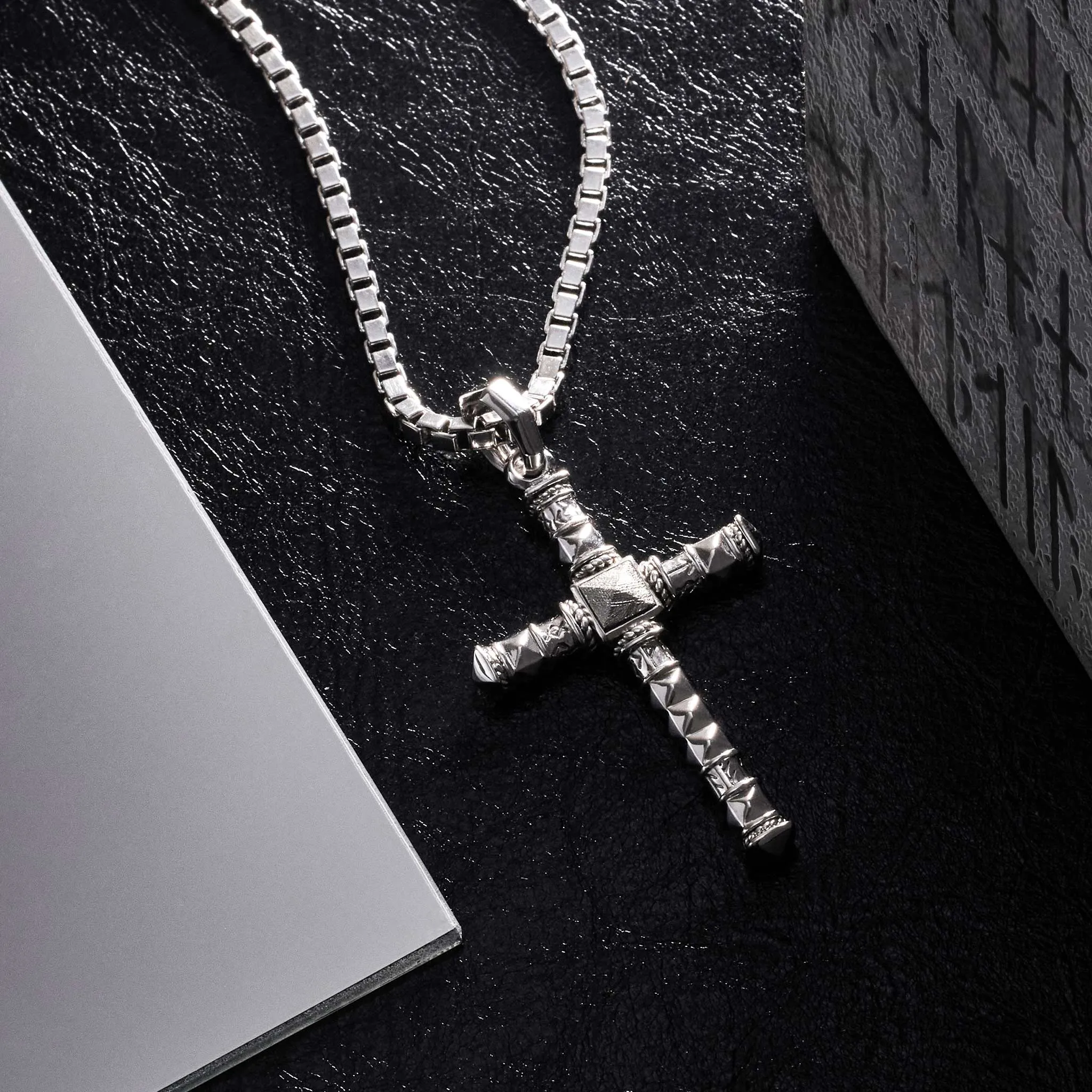 Runes-Engraved Meteorite Cross Necklace