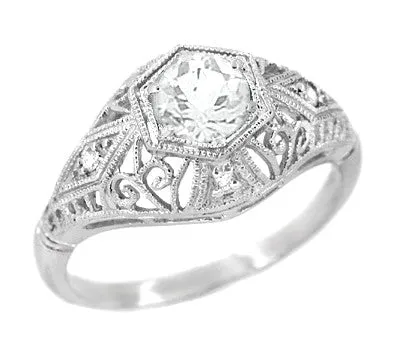 Scroll Dome Filigree 1/2 Carat Edwardian Diamond Engagement Ring in Platinum