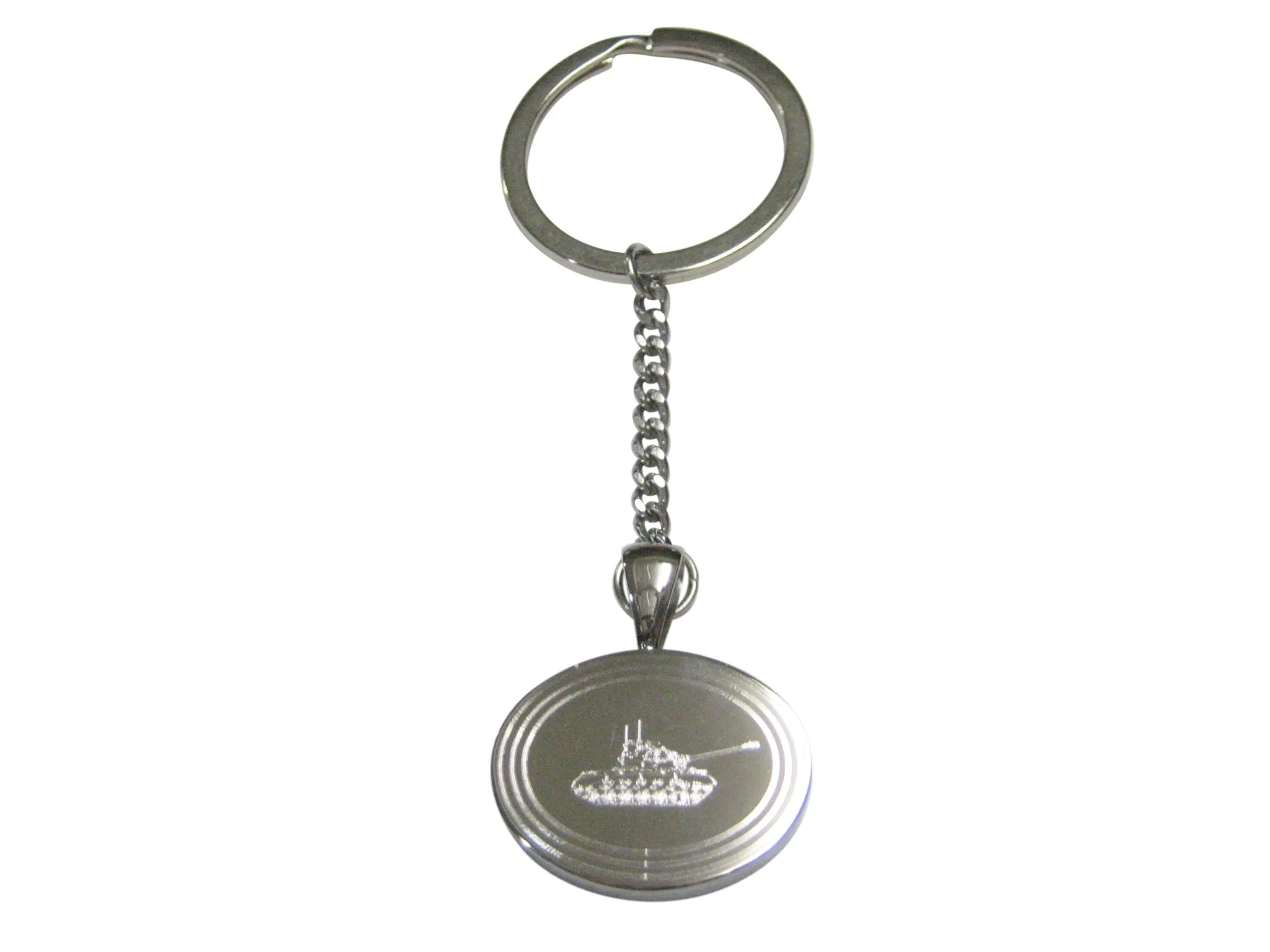 Silver Toned Etched Oval Simple Tank Pendant Keychain