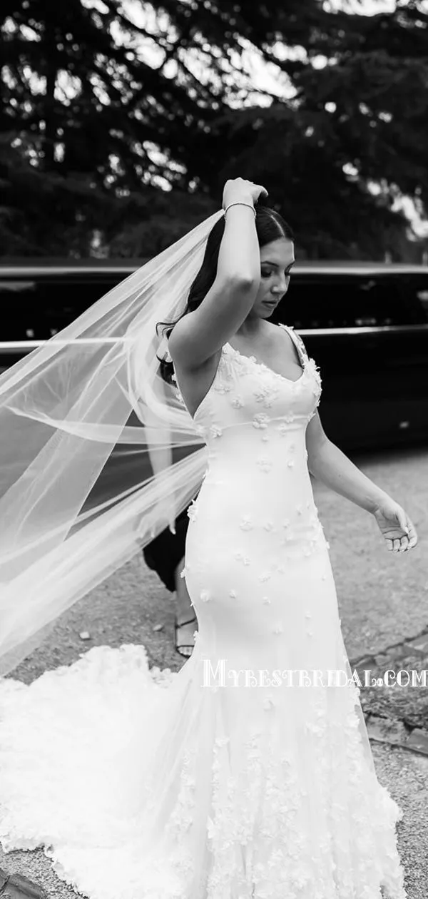 Simple Spaghetti Strap Mermaid Long Wedding Dresses With Train, WDS0079