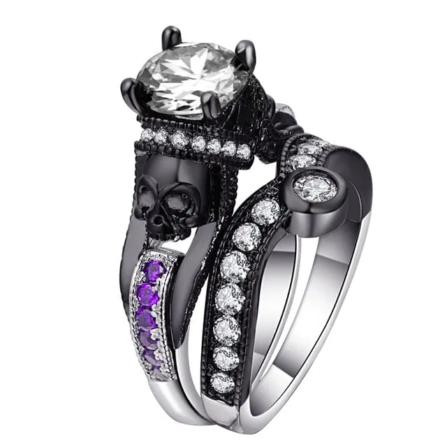 Skull Ring Set Punk Style Fashion Jewelry Charm Black Round Cubic Zirconia evil Skeleton Ring Set For Party
