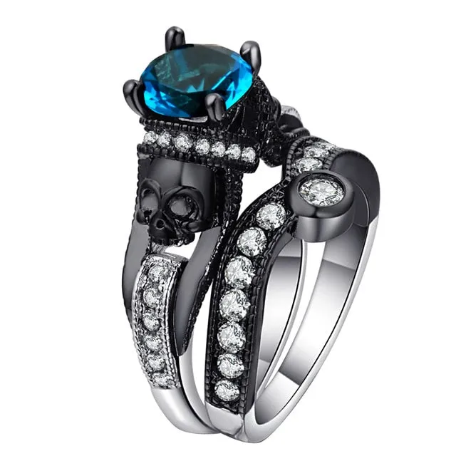 Skull Ring Set Punk Style Fashion Jewelry Charm Black Round Cubic Zirconia evil Skeleton Ring Set For Party