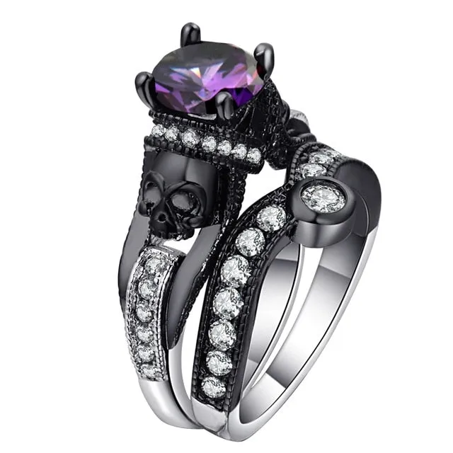 Skull Ring Set Punk Style Fashion Jewelry Charm Black Round Cubic Zirconia evil Skeleton Ring Set For Party
