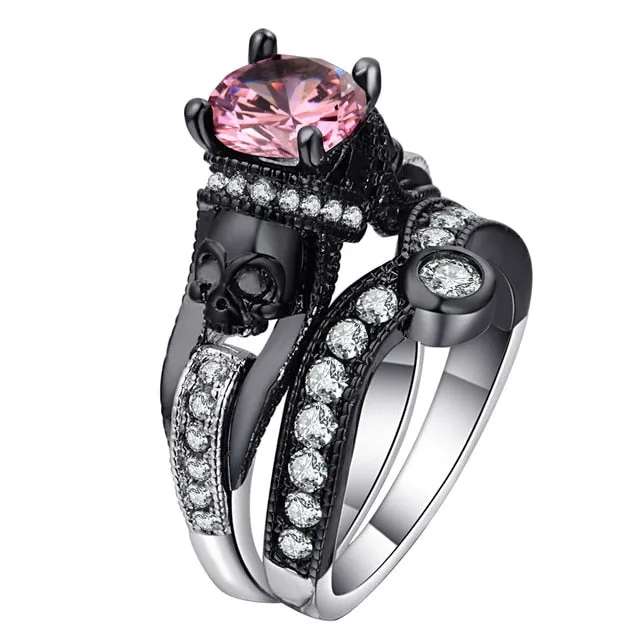 Skull Ring Set Punk Style Fashion Jewelry Charm Black Round Cubic Zirconia evil Skeleton Ring Set For Party