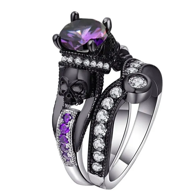 Skull Ring Set Punk Style Fashion Jewelry Charm Black Round Cubic Zirconia evil Skeleton Ring Set For Party