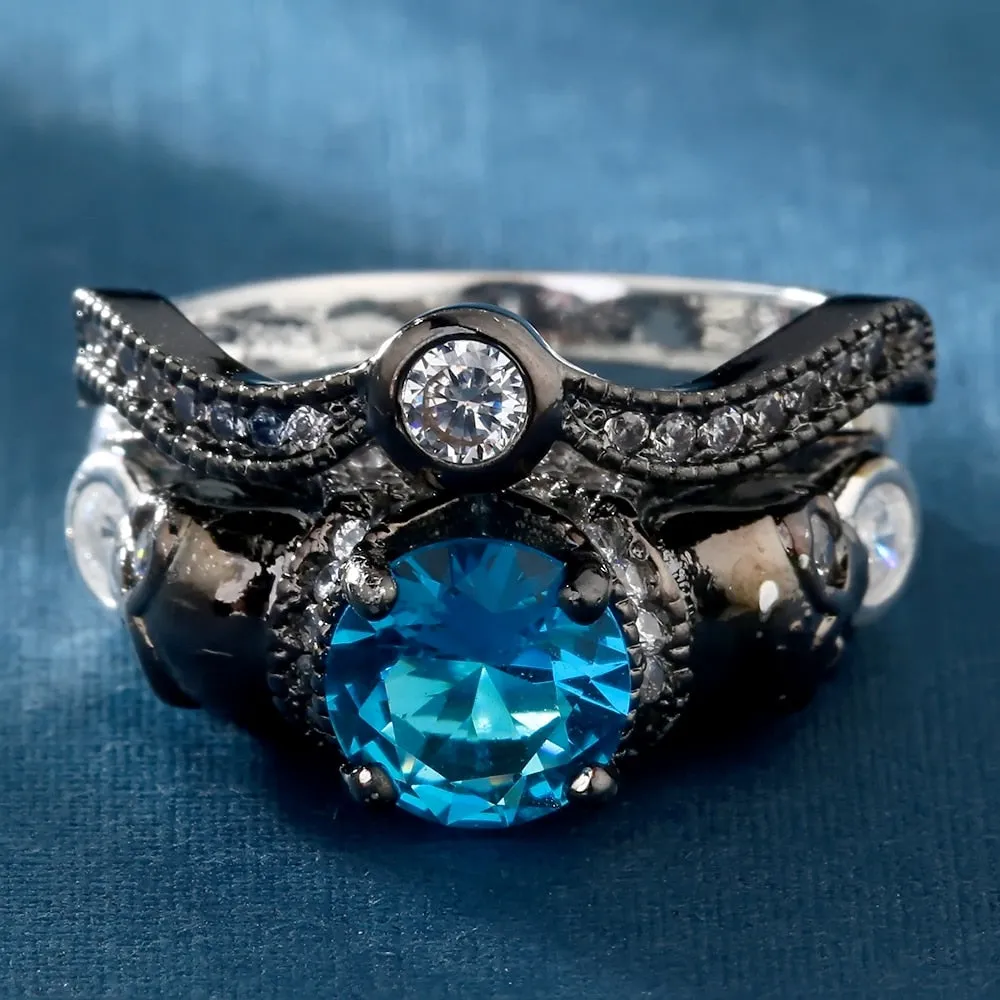 Skull Ring Set Punk Style Fashion Jewelry Charm Black Round Cubic Zirconia evil Skeleton Ring Set For Party