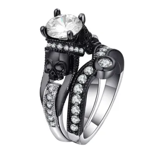 Skull Ring Set Punk Style Fashion Jewelry Charm Black Round Cubic Zirconia evil Skeleton Ring Set For Party
