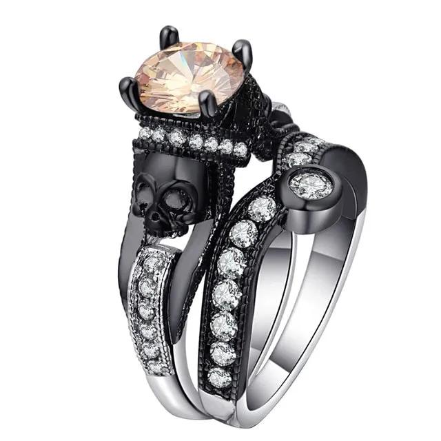 Skull Ring Set Punk Style Fashion Jewelry Charm Black Round Cubic Zirconia evil Skeleton Ring Set For Party
