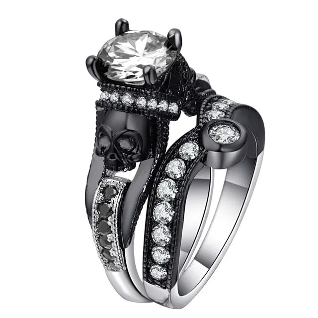 Skull Ring Set Punk Style Fashion Jewelry Charm Black Round Cubic Zirconia evil Skeleton Ring Set For Party