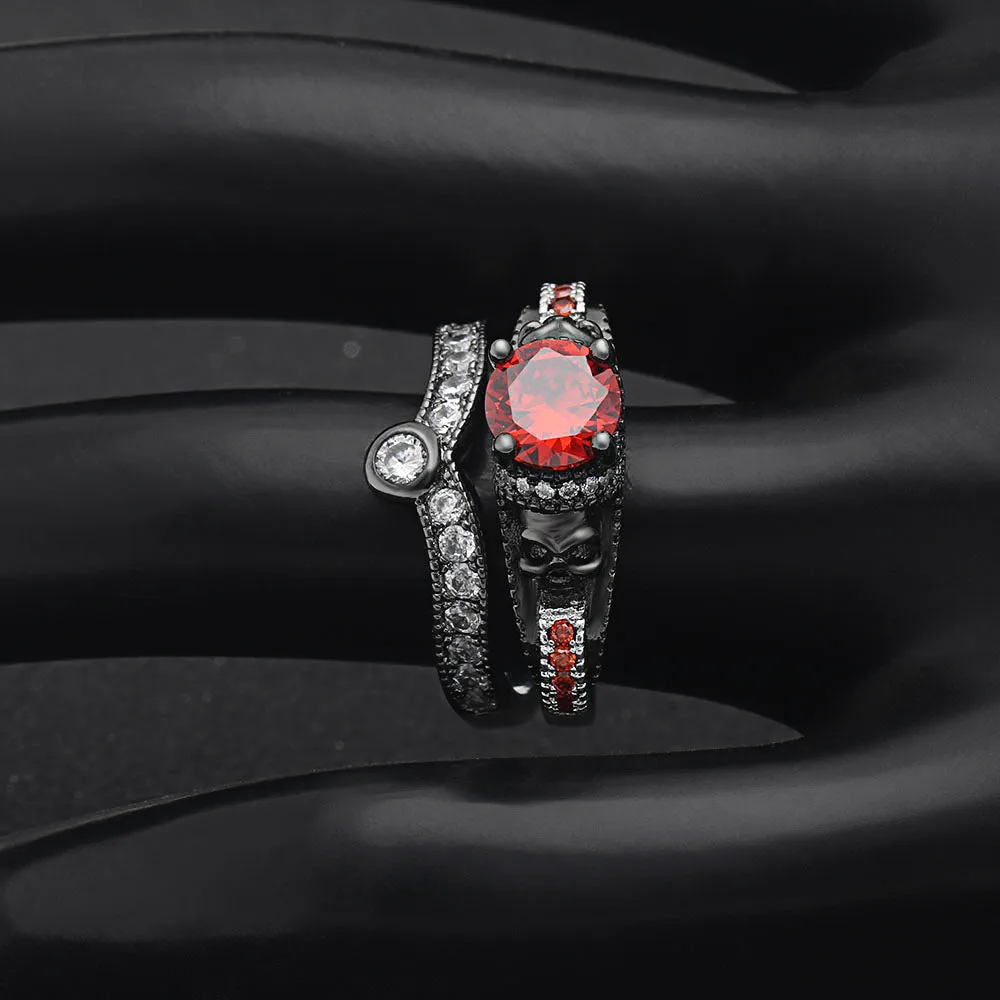 Skull Ring Set Punk Style Fashion Jewelry Charm Black Round Cubic Zirconia evil Skeleton Ring Set For Party
