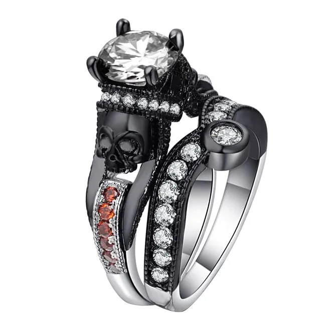 Skull Ring Set Punk Style Fashion Jewelry Charm Black Round Cubic Zirconia evil Skeleton Ring Set For Party