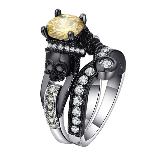 Skull Ring Set Punk Style Fashion Jewelry Charm Black Round Cubic Zirconia evil Skeleton Ring Set For Party