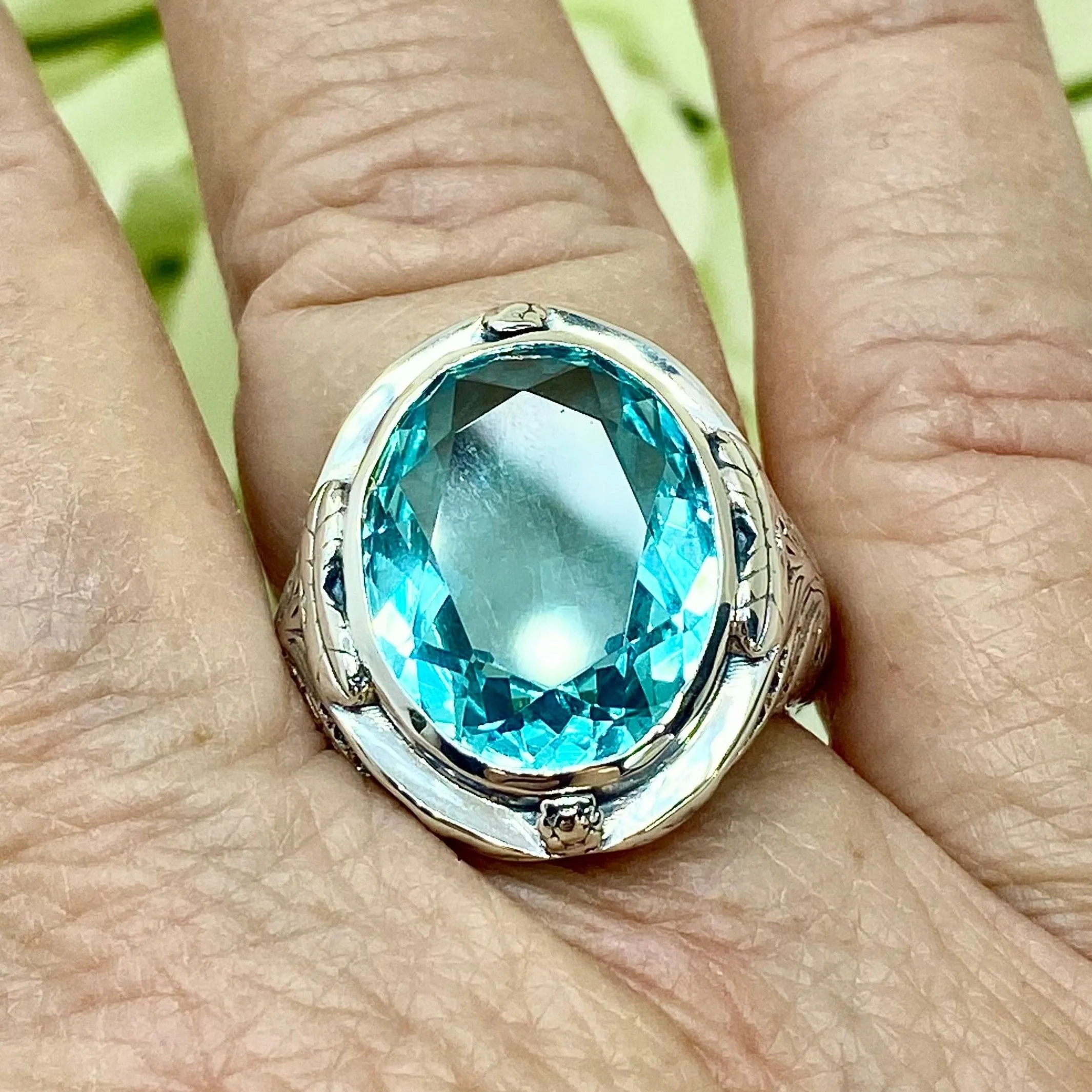 Sky Blue Large Oval Ring, Simulated or Natural Gemstone, Victorian Jewelry Design#D2
