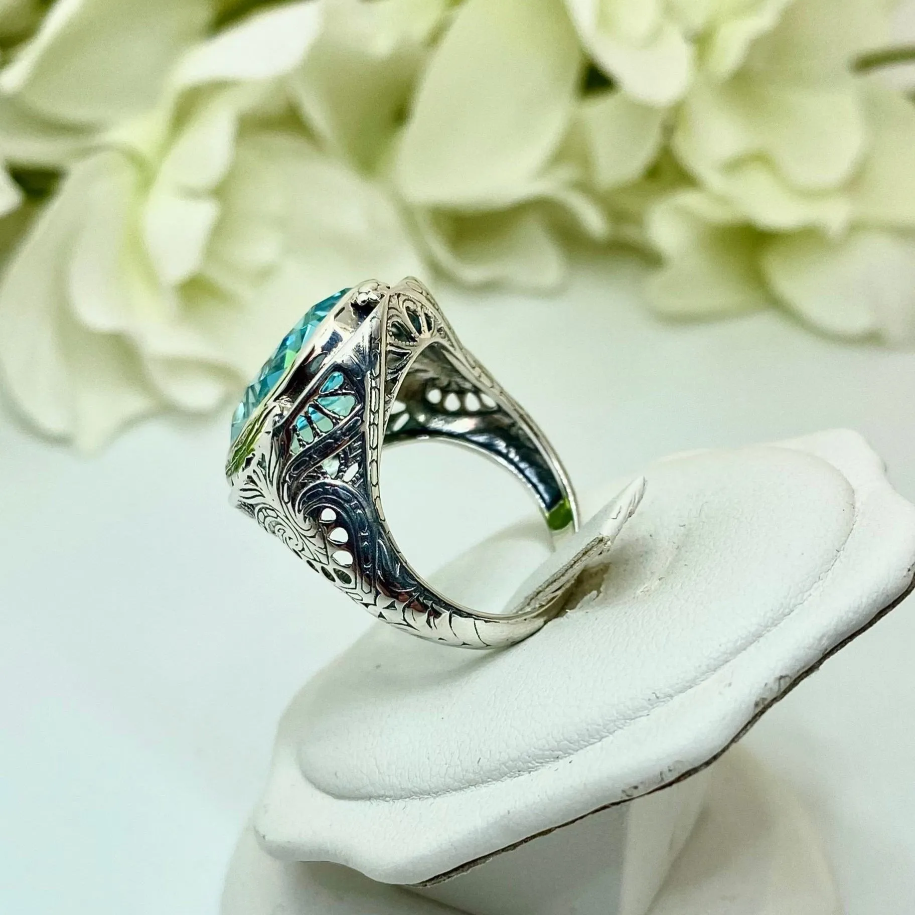 Sky Blue Large Oval Ring, Simulated or Natural Gemstone, Victorian Jewelry Design#D2