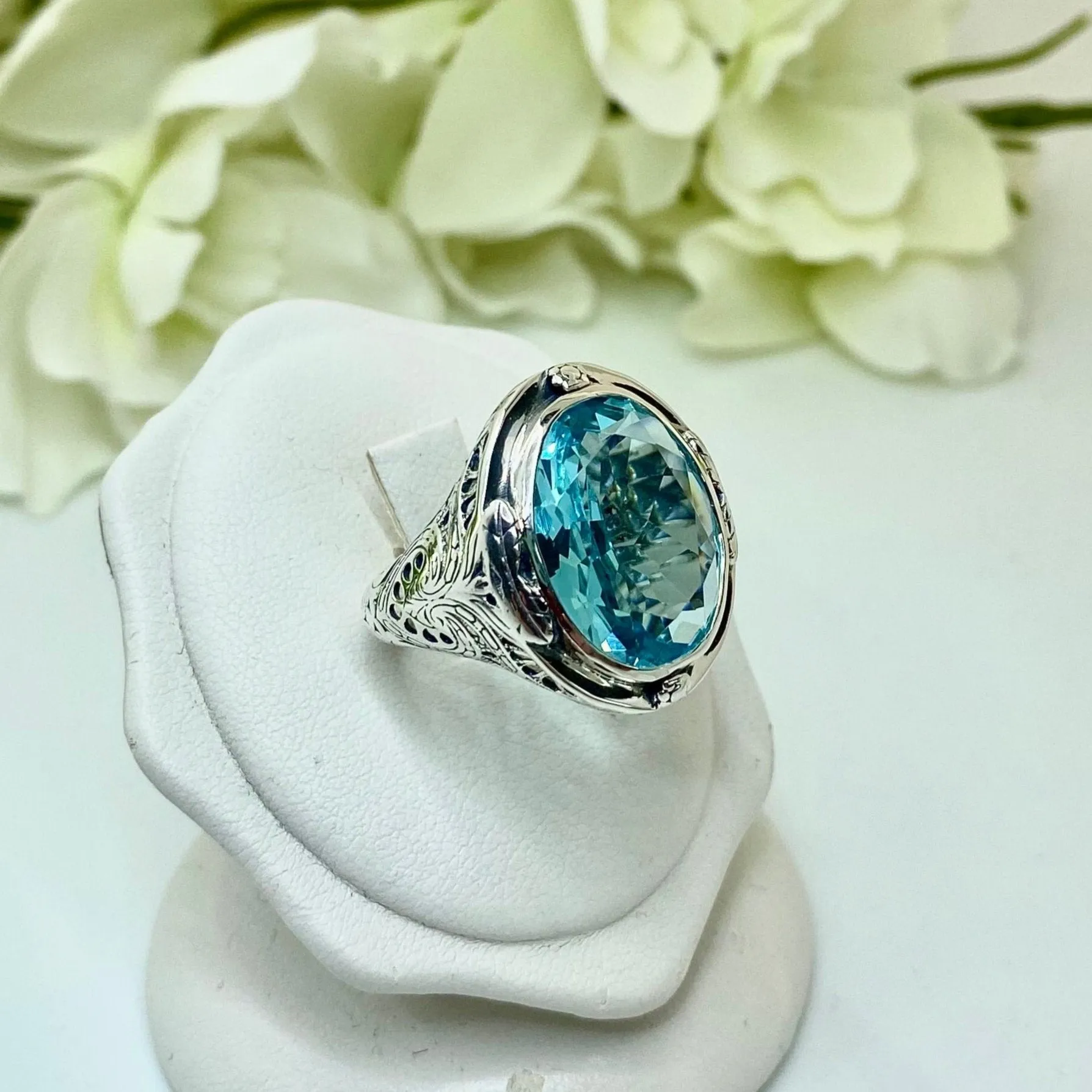 Sky Blue Large Oval Ring, Simulated or Natural Gemstone, Victorian Jewelry Design#D2