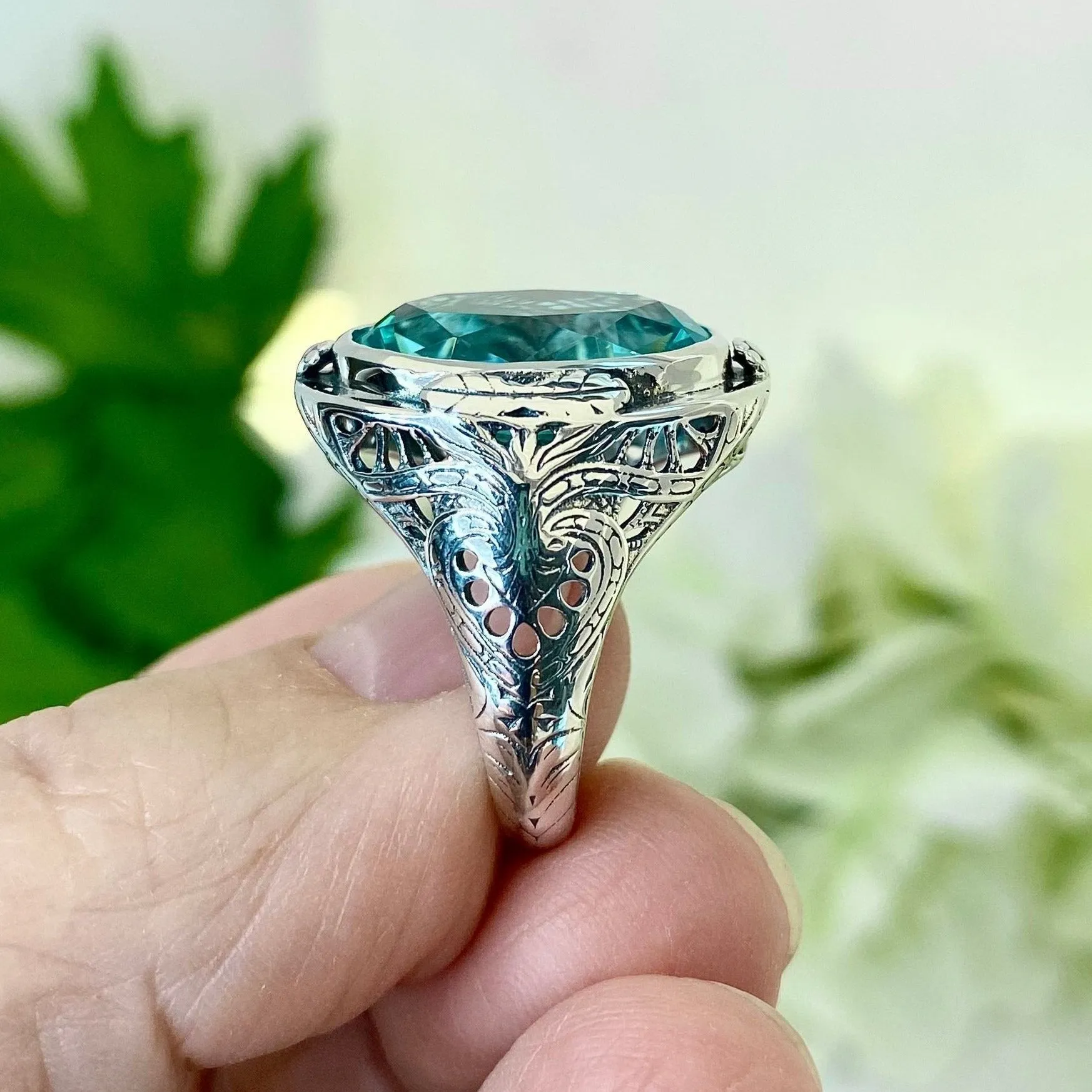 Sky Blue Large Oval Ring, Simulated or Natural Gemstone, Victorian Jewelry Design#D2