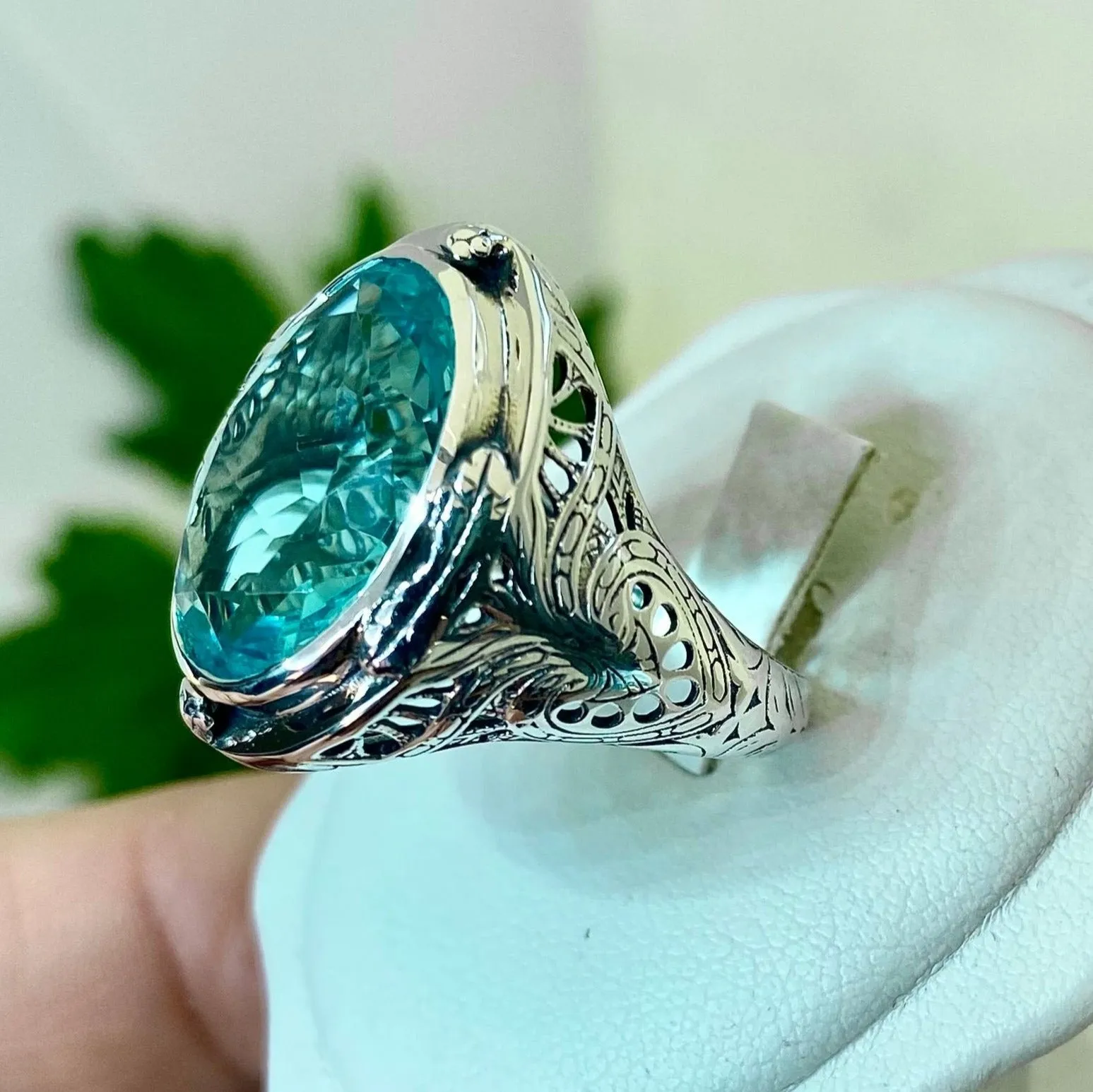 Sky Blue Large Oval Ring, Simulated or Natural Gemstone, Victorian Jewelry Design#D2