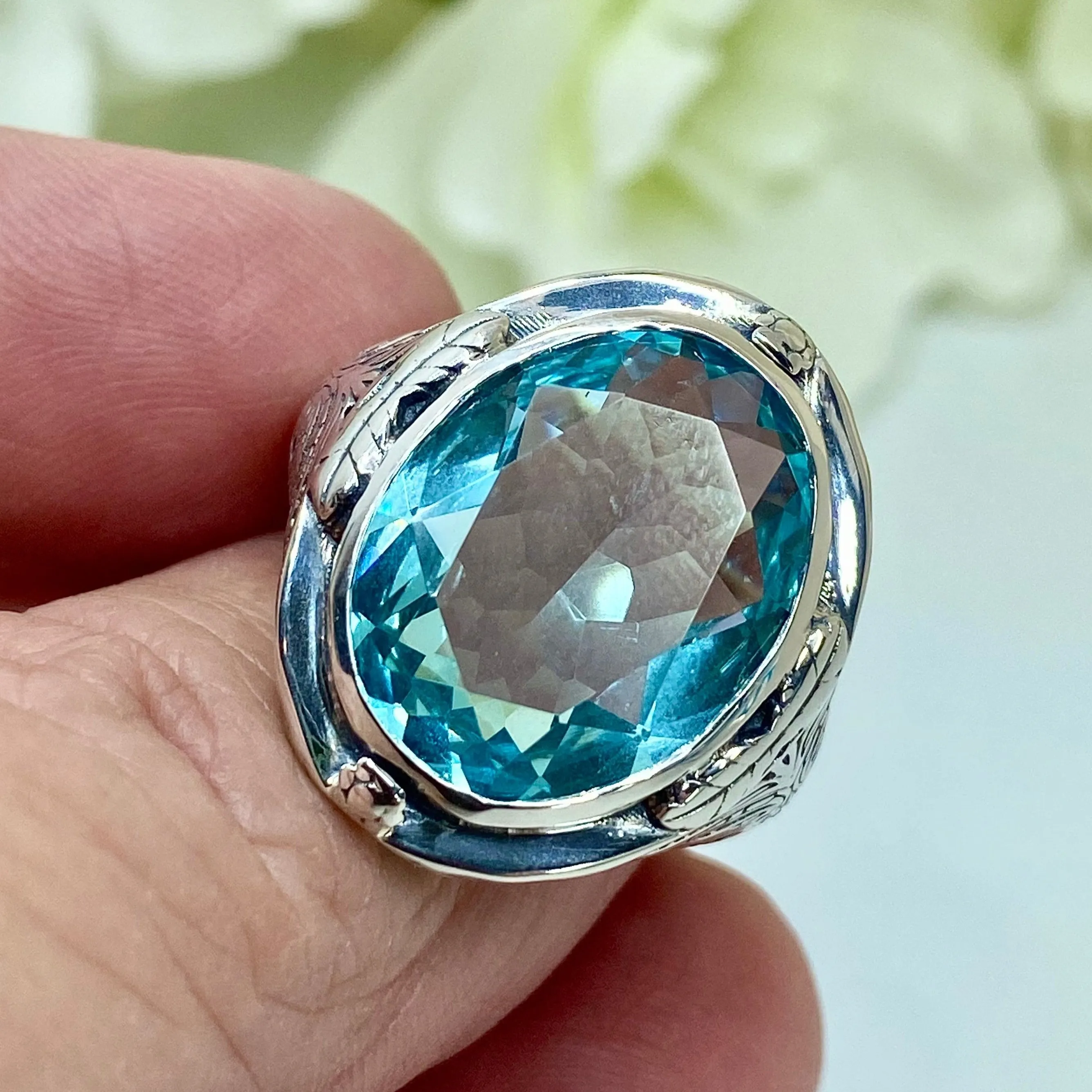 Sky Blue Large Oval Ring, Simulated or Natural Gemstone, Victorian Jewelry Design#D2